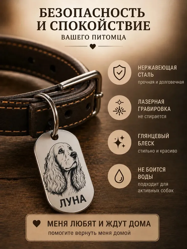 Адресник для СПАНИЕЛЯ с гравировкой породы и телефонов в форме жетона, вариант, фото 2