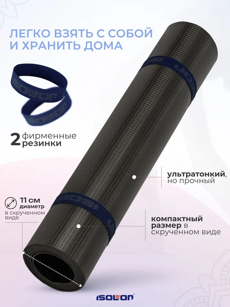 Коврик для йоги и фитнеса Йога Мат / ISOLON/ 180х60 см. Эластичный, 2 резинки в подарок, 180x60 см, фото 6
