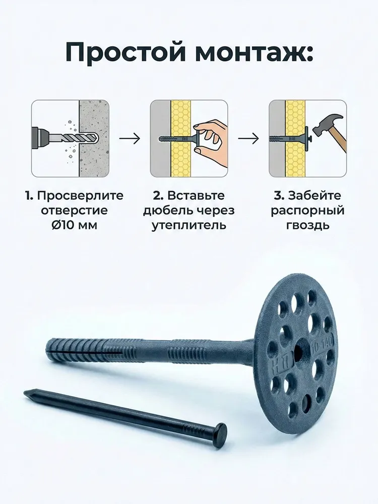 Дюбель для теплоизоляции 10х100 с пластиковым гвоздем, ударопрочный, 20 шт, тарельчатый грибок для утеплителя и пеноплекса, 10x100, 20 шт, фото 4