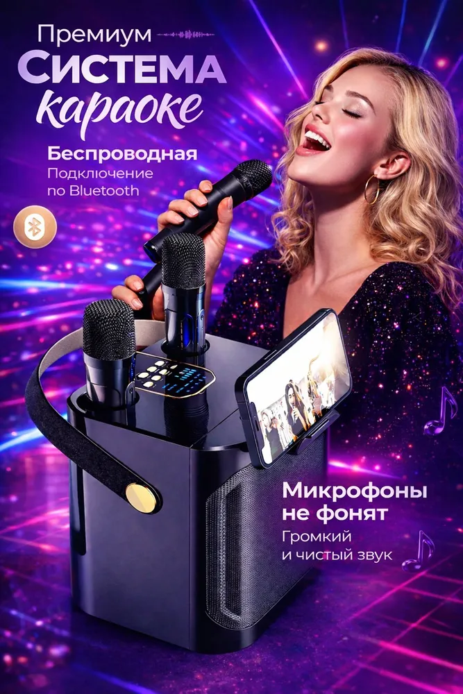 Караоке система, колонка беспроводная музыкальная с микрофонами, вариант
