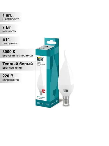 (1 шт.) Светодиодная лампа свеча IEK ECO CB35 7Вт 230В 3000К E14 свеча на ветру