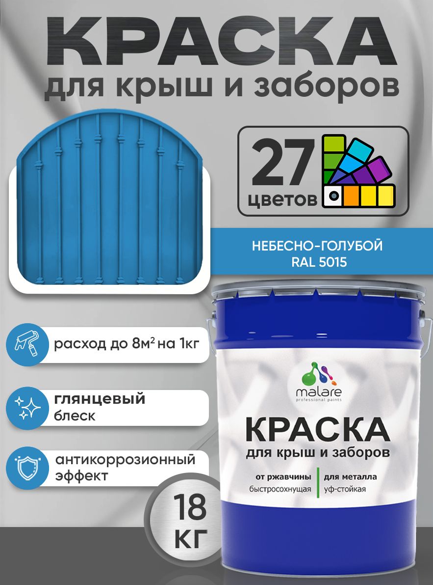 Краска по металлу Malare для крыш и заборов по ржавчине, для наружных работ, быстросохнущая износостойкая RAL 5015 небесно-голубой, глянцевая, 18 кг