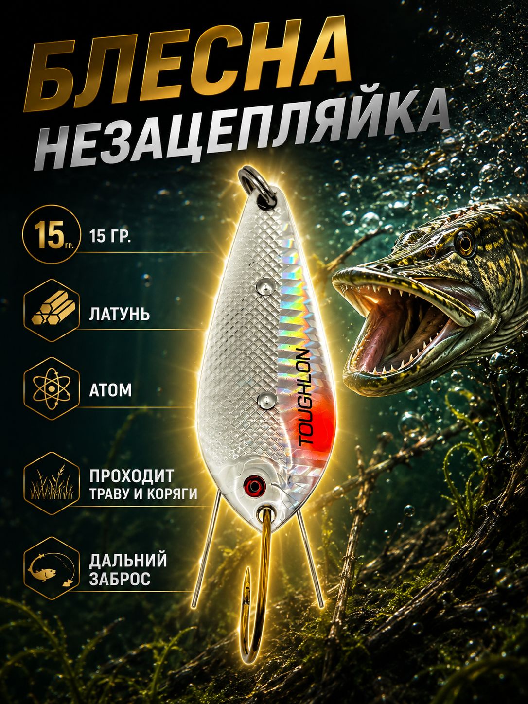 Блесна незацепляйка колебалка атом на щуку, окуня и судака 15гр