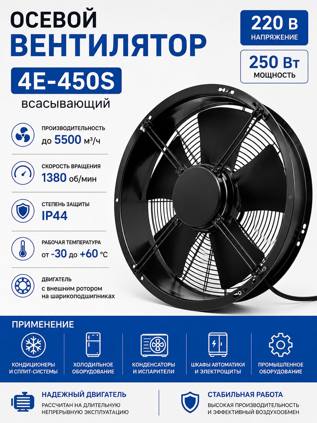 Вентилятор осевой 4E-450S всасывающий 220В 250Вт