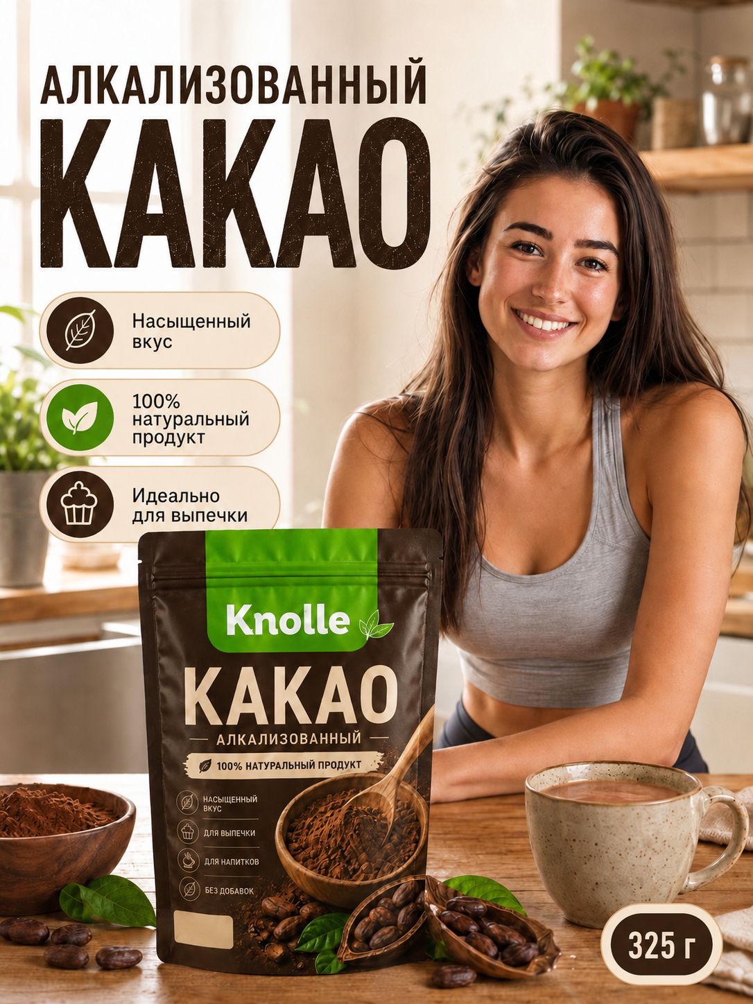 Какао порошок натуральный алкализованный без сахара Knolle, 325 гр.