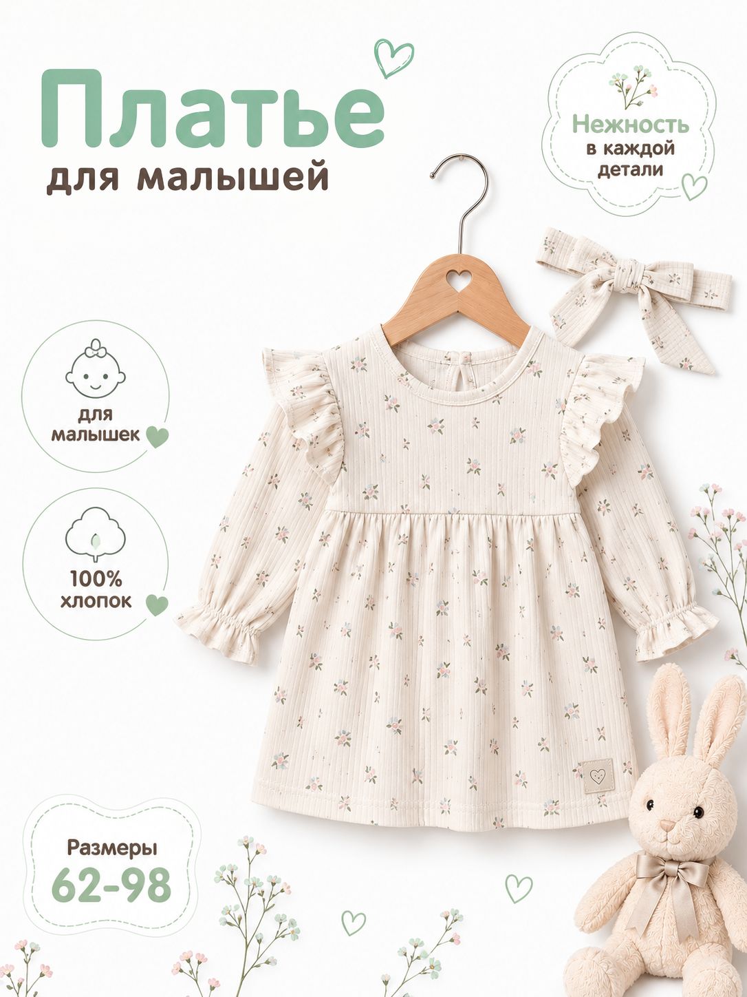 Платье для девочки Крошка Я Wildflowers 62-68 см, хлопковое, с длинным рукавом, в рубчик