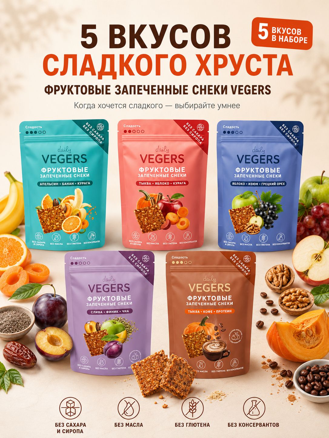Фруктовые запеченные снеки Daily VEGERS без глютена, без сахара, набор 5 уп.