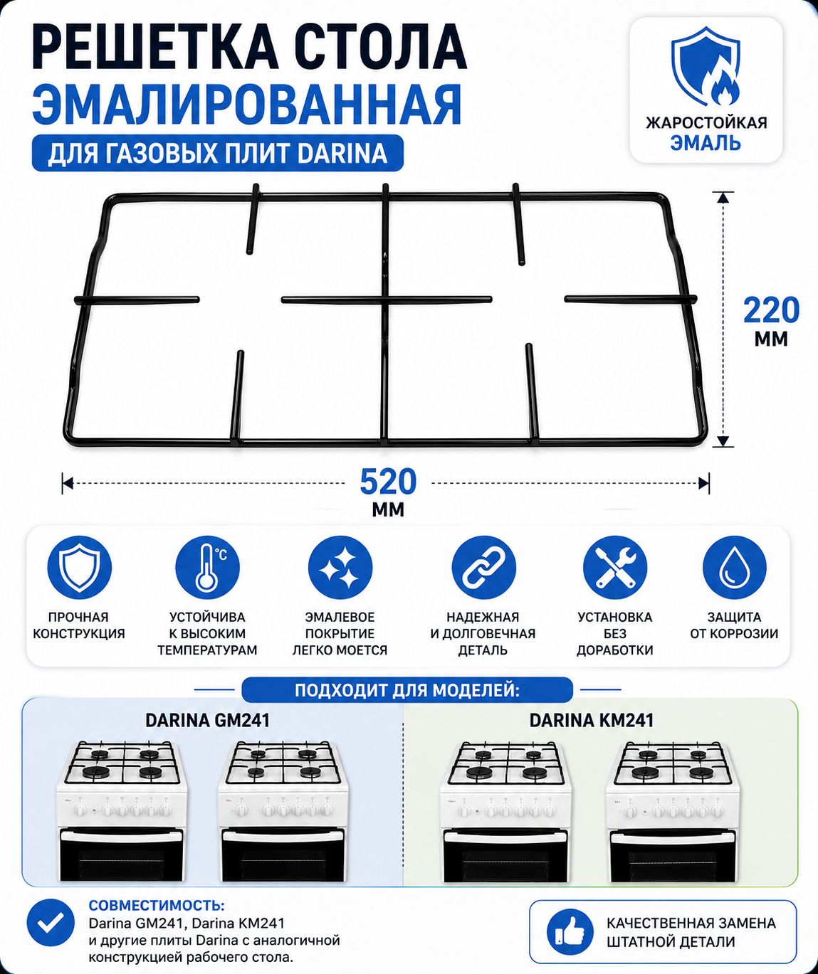 Решетка стола эмалированная для газовой плиты Darina GM241 17 010-02 520 220 мм
