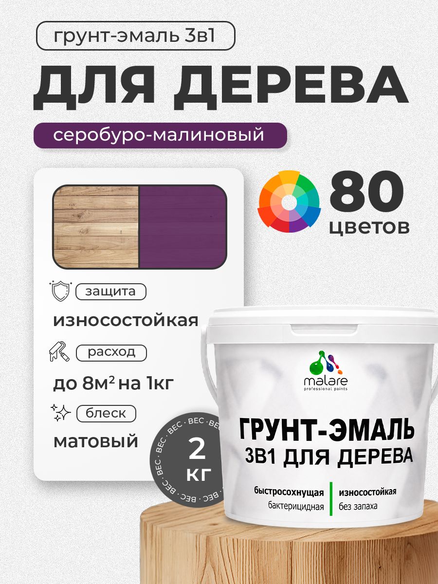Акриловая Грунт-Эмаль 3 в 1 Malare для деревянных поверхностей с антисептическим эффектом, быстросохнущая, моющаяся без запаха матовая, серобуромалиновый, 2 кг
