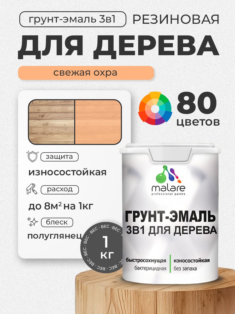 Латексная Грунт-Эмаль 3 в 1 Malare для деревянных поверхностей с антисептическим эффектом, быстросохнущая моющаяся без запаха полуглянцевая, свежая охра, 1 кг