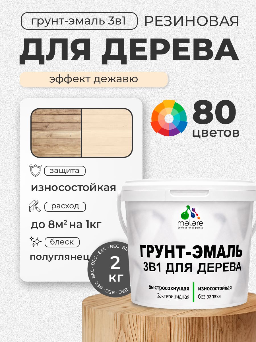 Латексная Грунт-Эмаль 3 в 1 Malare для деревянных поверхностей с антисептическим эффектом, быстросохнущая моющаяся без запаха полуглянцевая, эффект дежавю, 2 кг