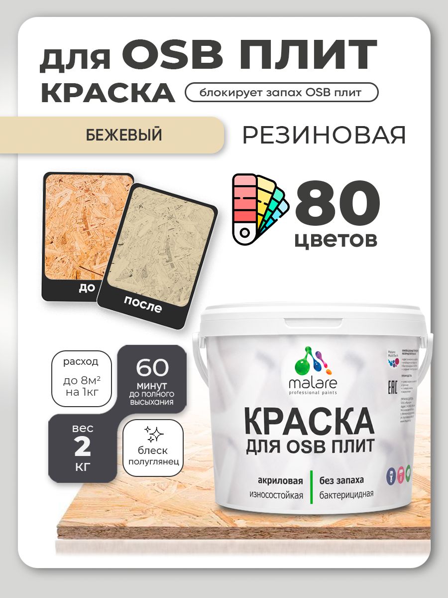 Резиновая краска для ОСБ плит Malare акриловая краска для дерева для наружных и внутренних работ, быстросохнущая без запаха полуглянцевая, бежевый, 2 кг