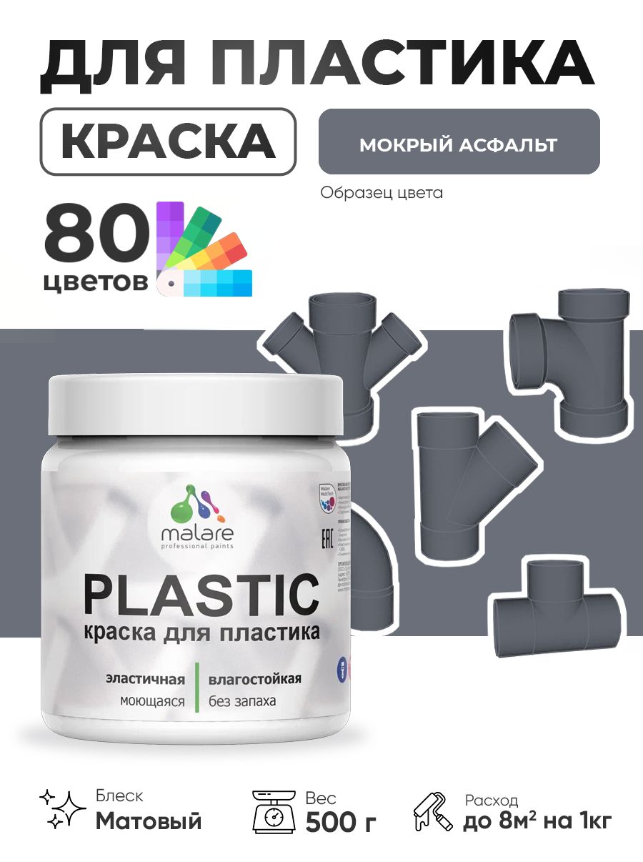 Акриловая краска для пластика Malare Plastic для пенопласта ПВХ сайдинга, для подоконников и откосов, быстросохнущая без запаха, матовая, мокрый асфальт, 0.5 кг