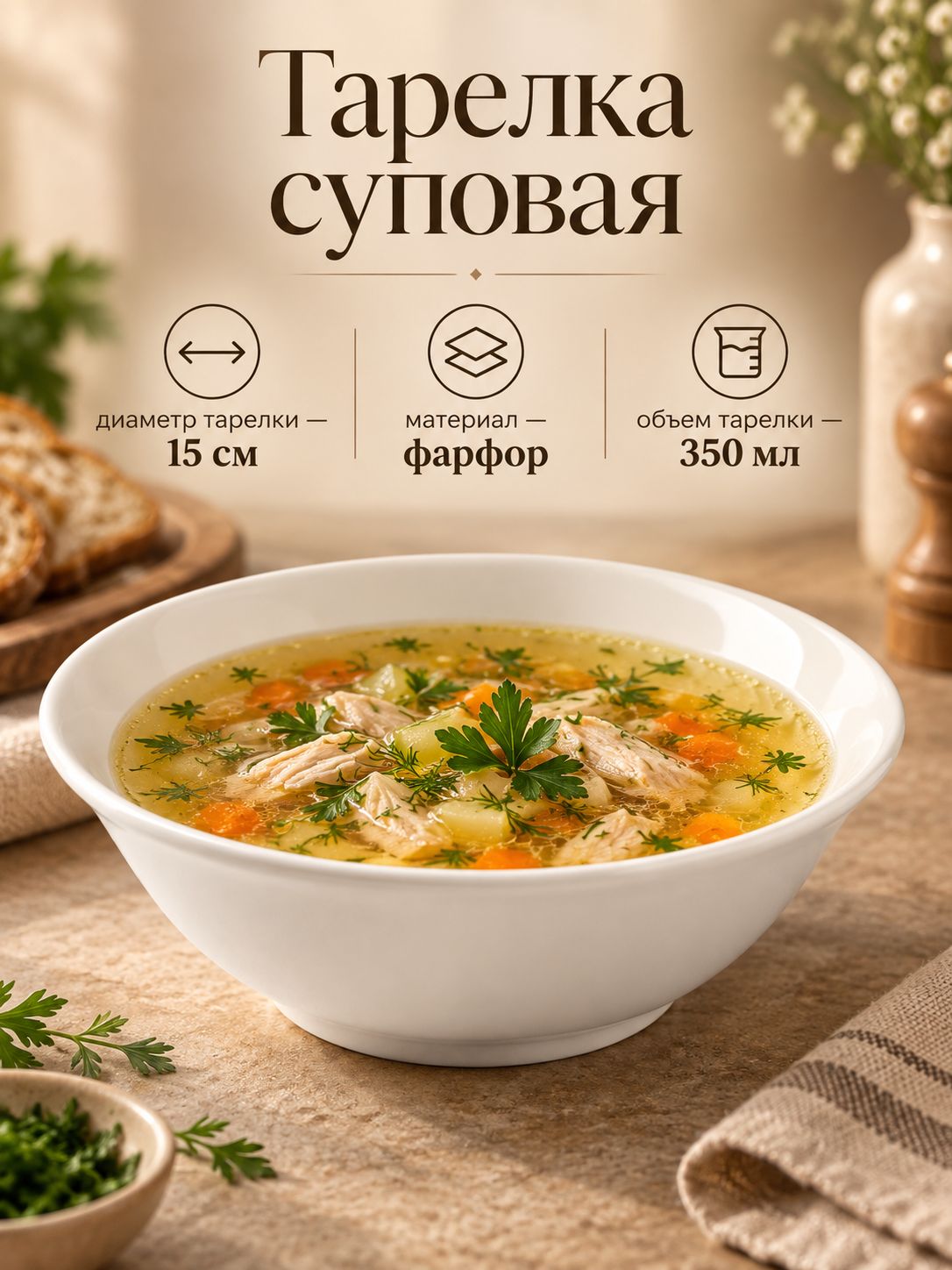 Тарелка глубокая 350 мл, 15 см, Доляна White Label, фарфоровая