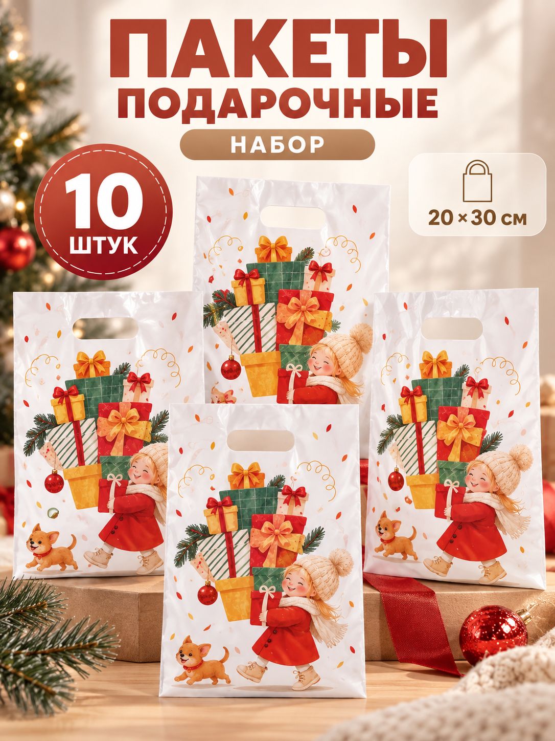 Пакеты подарочные новогодние, набор 10 шт, 20 х 30 см