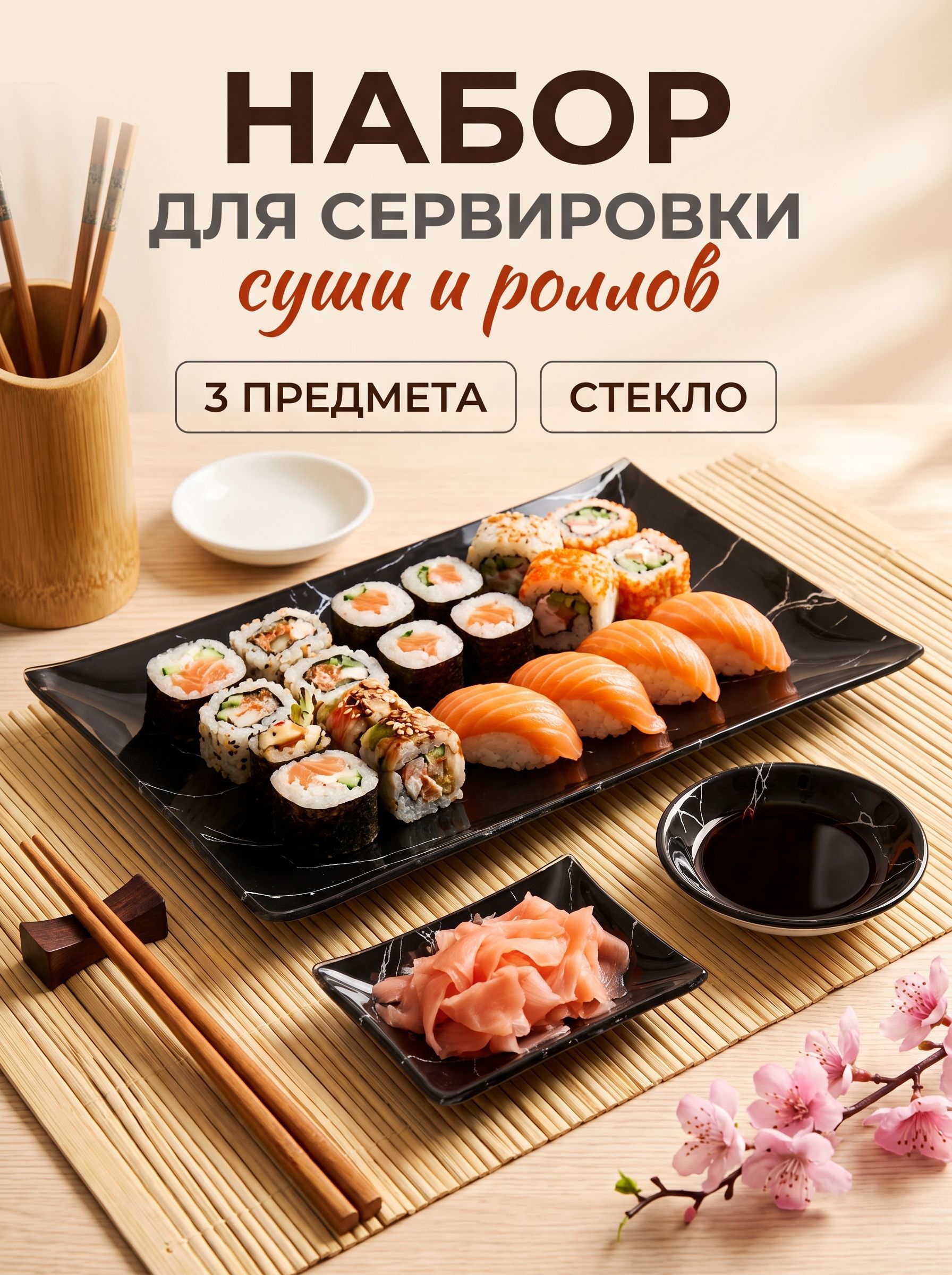 Сервировочный набор для суши Доляна "Марбл чёрный", 3 предмета: соусники, размер - 8х2 см, 8х6 см, подставка - размер 25х15 см