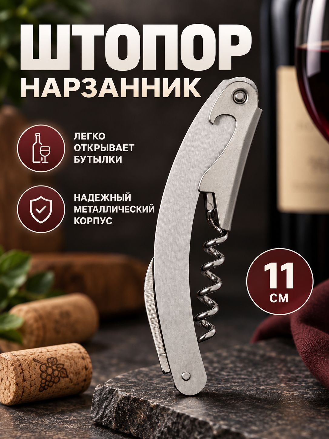 Штопор для вина складной, открывашка, длина 11 см, нержавеющая сталь