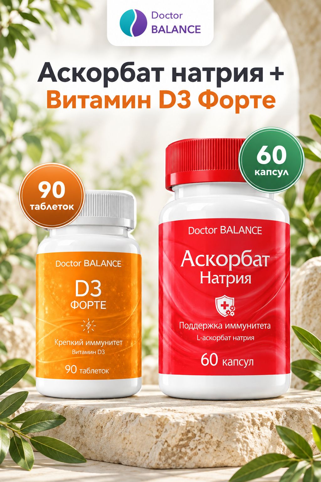 Набор Doctor Balance: Аскорбат натрия 60 + Витамин D3 Форте 90