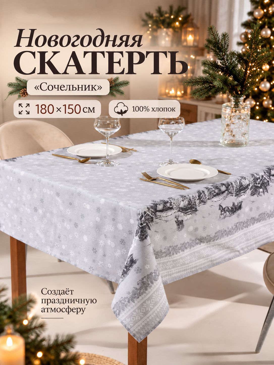 Скатерть новогодняя на стол "Сочельник" 180х150 см, 100% хлопок