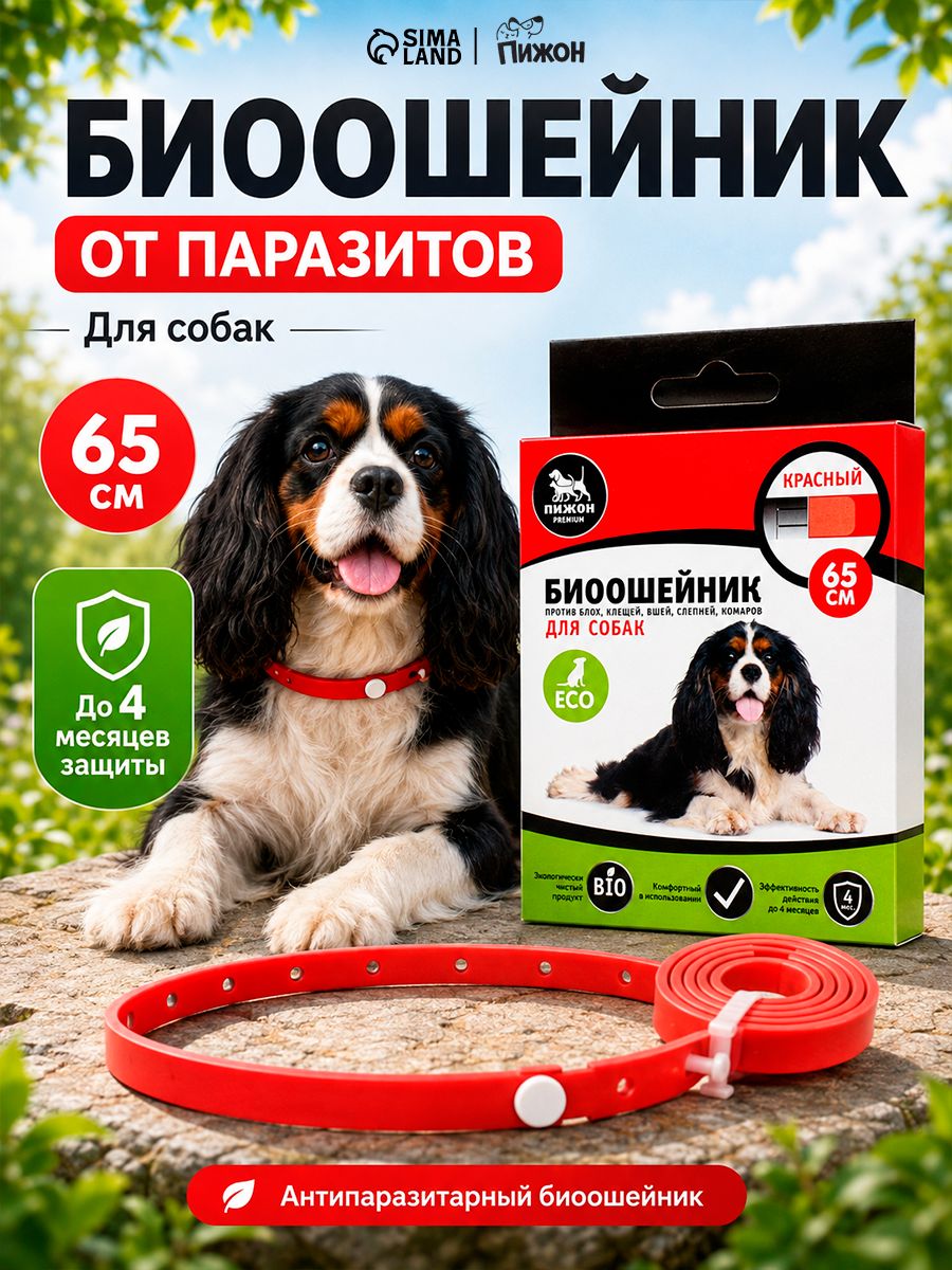 Ошейник от блох и клещей для собак, 65 см, красный