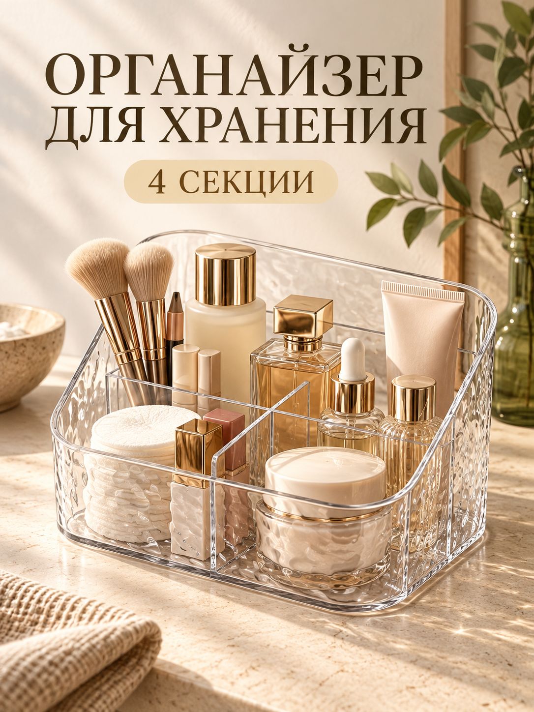 Органайзер для хранения, 4 секции, 18 17 11 см, прозрачный