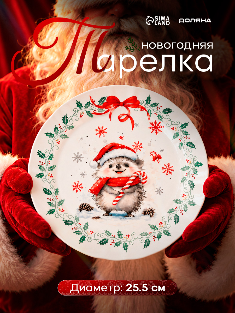 Тарелка плоская 25,5 см, Доляна "Зимний друг", сервировочная, фарфоровая, новогодняя посуда