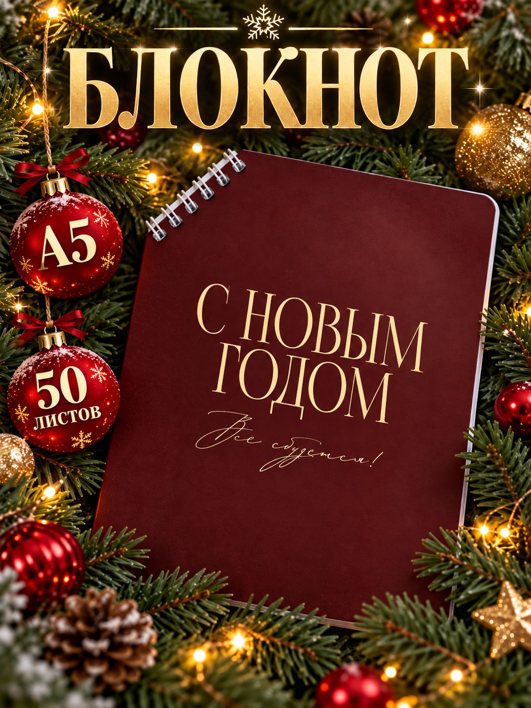 Блокнот для записей новогодний А5, 50 л. в мягкой обложке на скошенном гребне