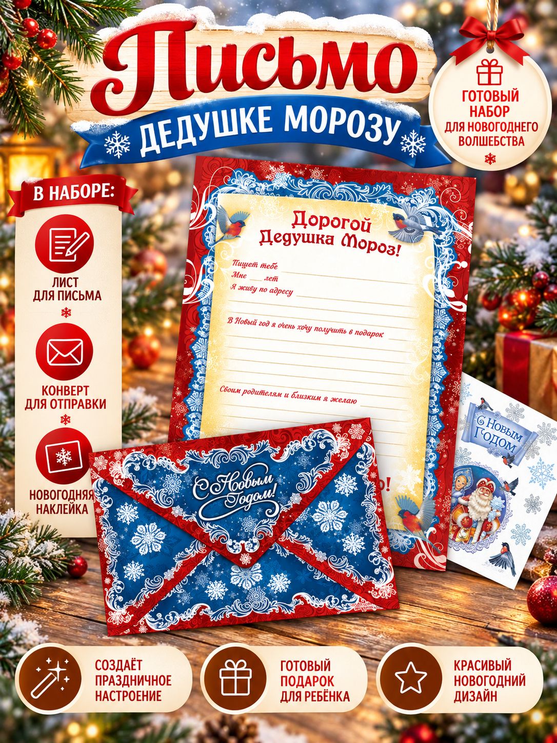 Письмо Деду Морозу, конверт А5, с наклейками Дед Мороз