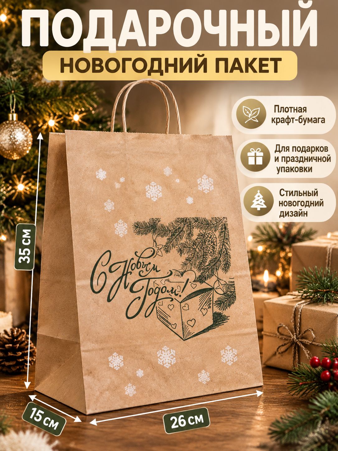Пакет подарочный новогодний 26 х 15 х 35 см