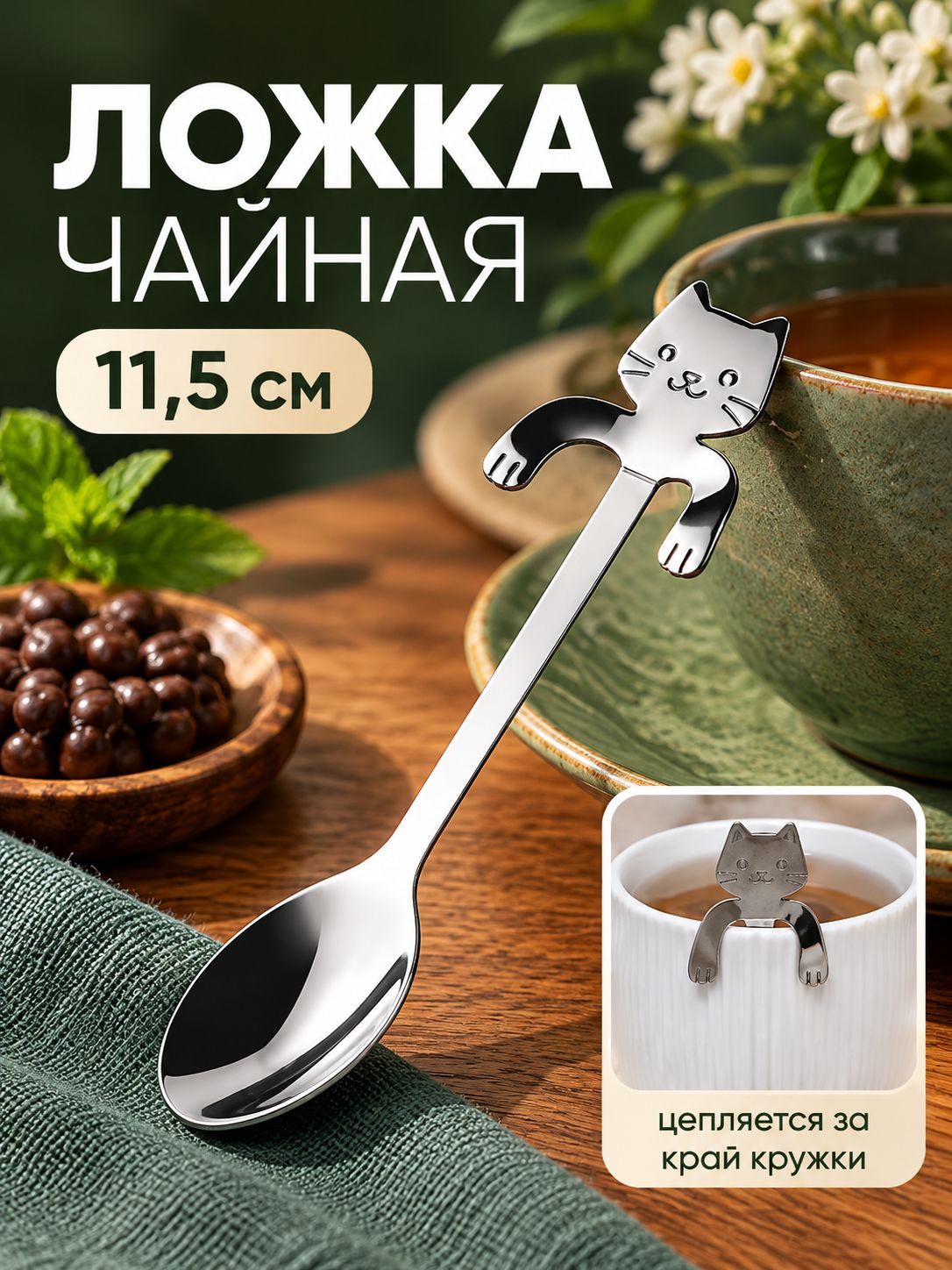 Ложка чайная из нержавеющей стали "Котик", цвет серебристый, длина 11,5 см
