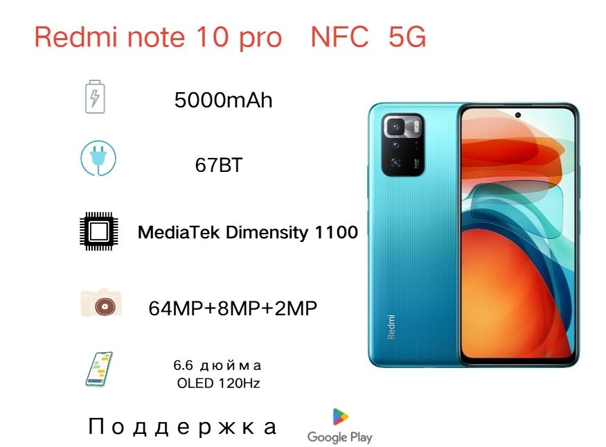 RedmiСмартфонRedmiNote10Pro(Русификация,международнаяверсия,споддержкойNFC)Global6/128ГБ,бирюзовый