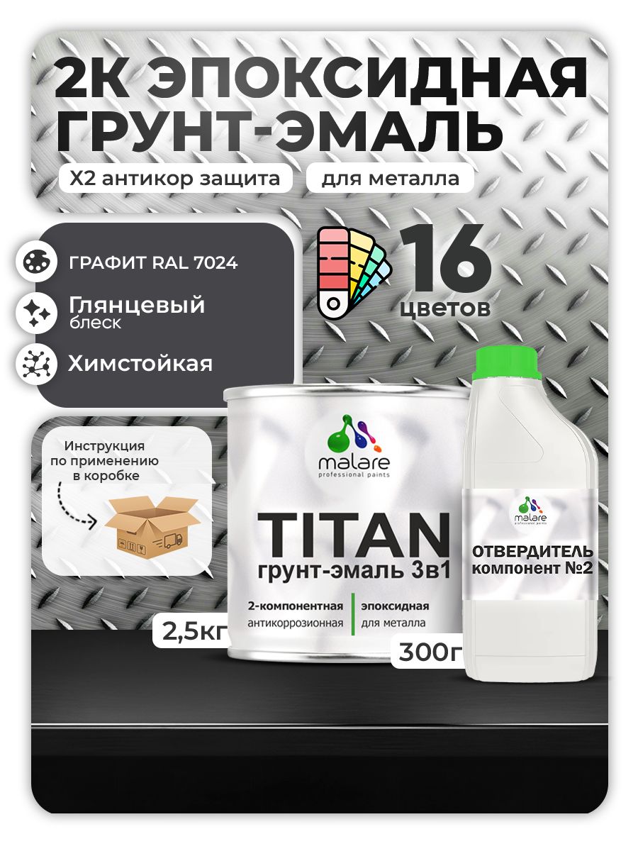 2К Эпоксидная грунт-эмаль Malare TITAN по металлу, двухкомпонентная для агрессивных сред и экстремальных условий, износостойкая, RAL 7024 графитово-серый, глянцевая, (2,5 кг + 0,3кг отвердитель)