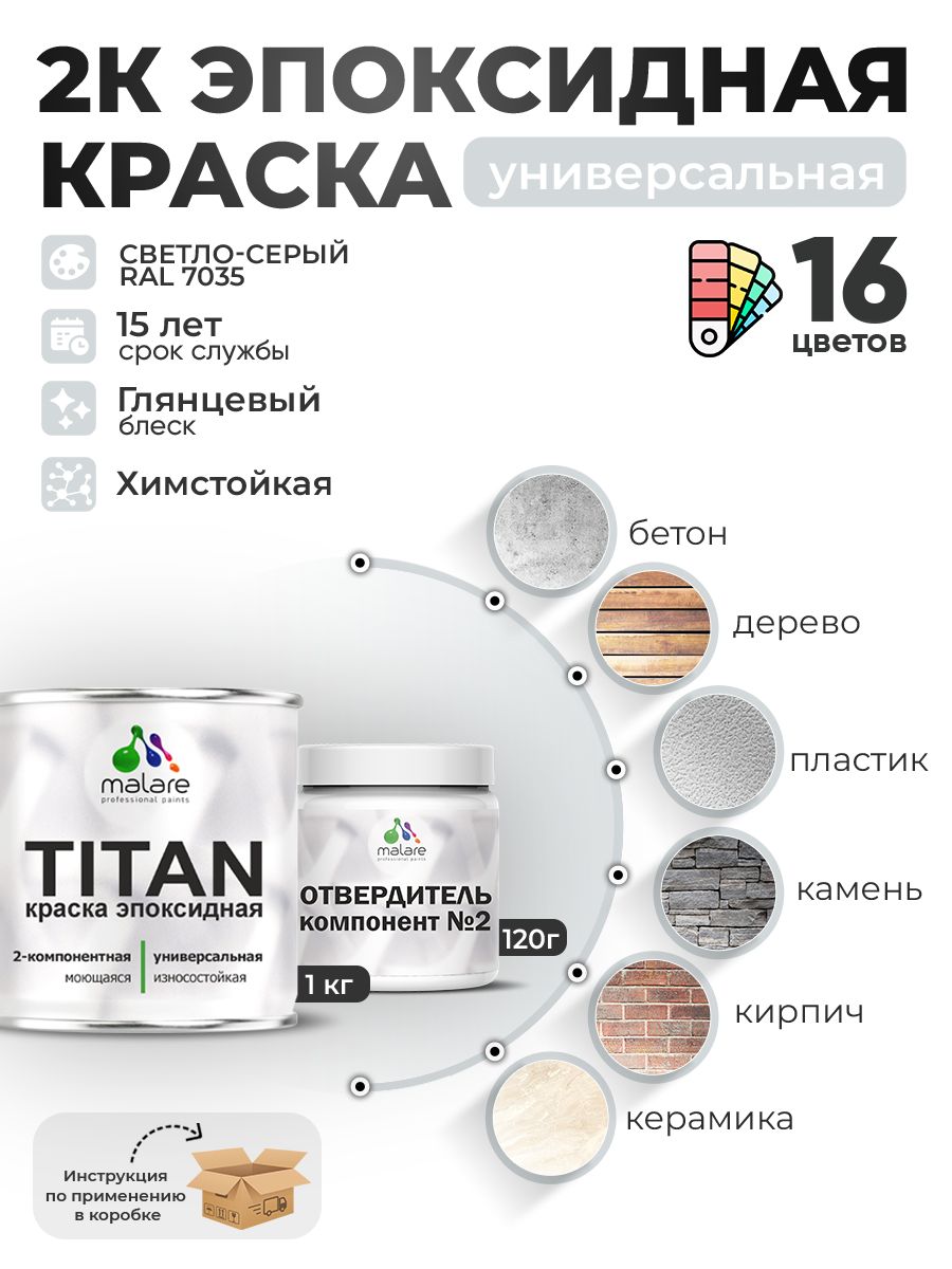 2К Эпоксидная краска Malare TITAN универсальная, двухкомпонентная влагостойкая высокопрочная износостойкая, RAL 7035 светло-серый, глянцевая, (1 кг + 0,12кг отвердитель)