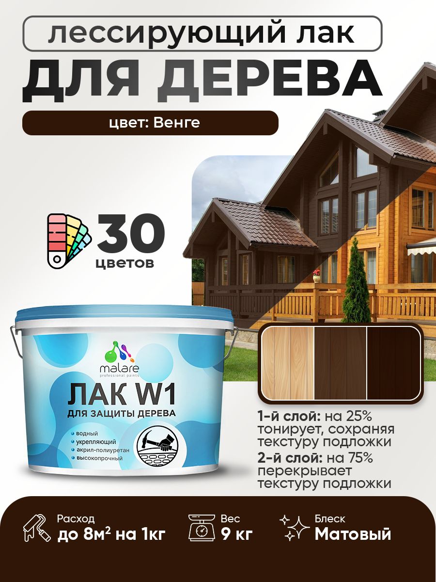 Лак колерованный тонирующий для дерева Malare W1 для деревянных и минеральных поверхностей, моющийся без запаха быстросохнущий, матовый, венге, 9 кг.