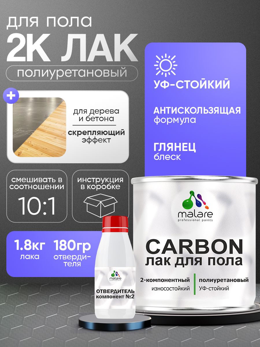 2К полиуретановый лак Malare CARBON для защиты пола, адгезионный влагостойкий высокопрочный долговечный износостойкий, глянцевый (1.8 кг + 180 гр отвердитель)
