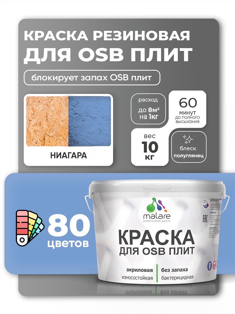 Резиновая краска для ОСБ плит Malare акриловая краска для дерева для наружных и внутренних работ, быстросохнущая без запаха полуглянцевая, ниагара, 10 кг