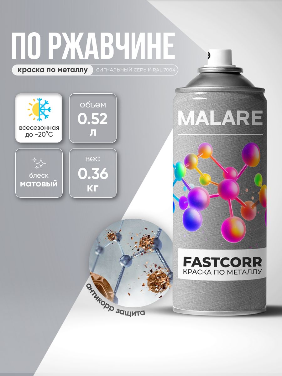 Аэрозольная краска для металла по ржавчине Malare FastCorr, для наружных работ износостойкая, быстросохнущая RAL 7004 сигнальный серый, матовая, 520 мл