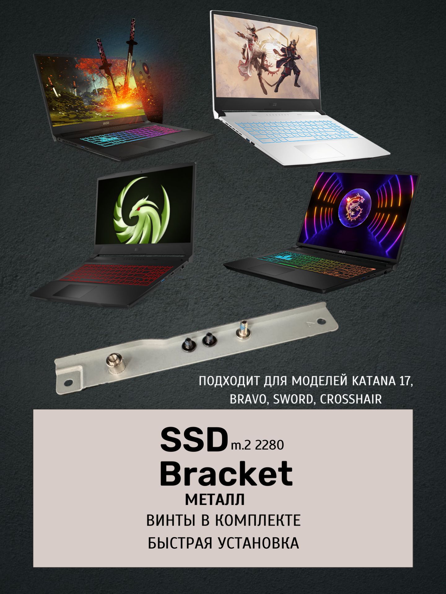 КреплениедлявторогоSSDM.2дляноутбуковMSIсерийKatana17,Bravo,Crosshair,Sword(металлическое,винтывкомплекте)
