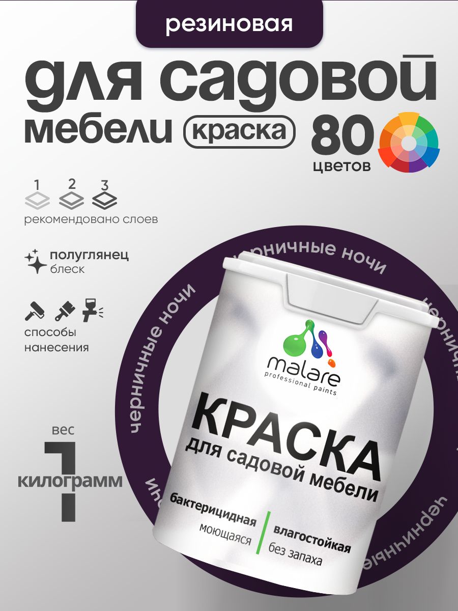 Резиновая краска Malare для садовой мебели/ по дереву, для наружных и внутренних работ/ быстросохнущая моющаяся без запаха полуглянцевая, черничные ночи, 1 кг