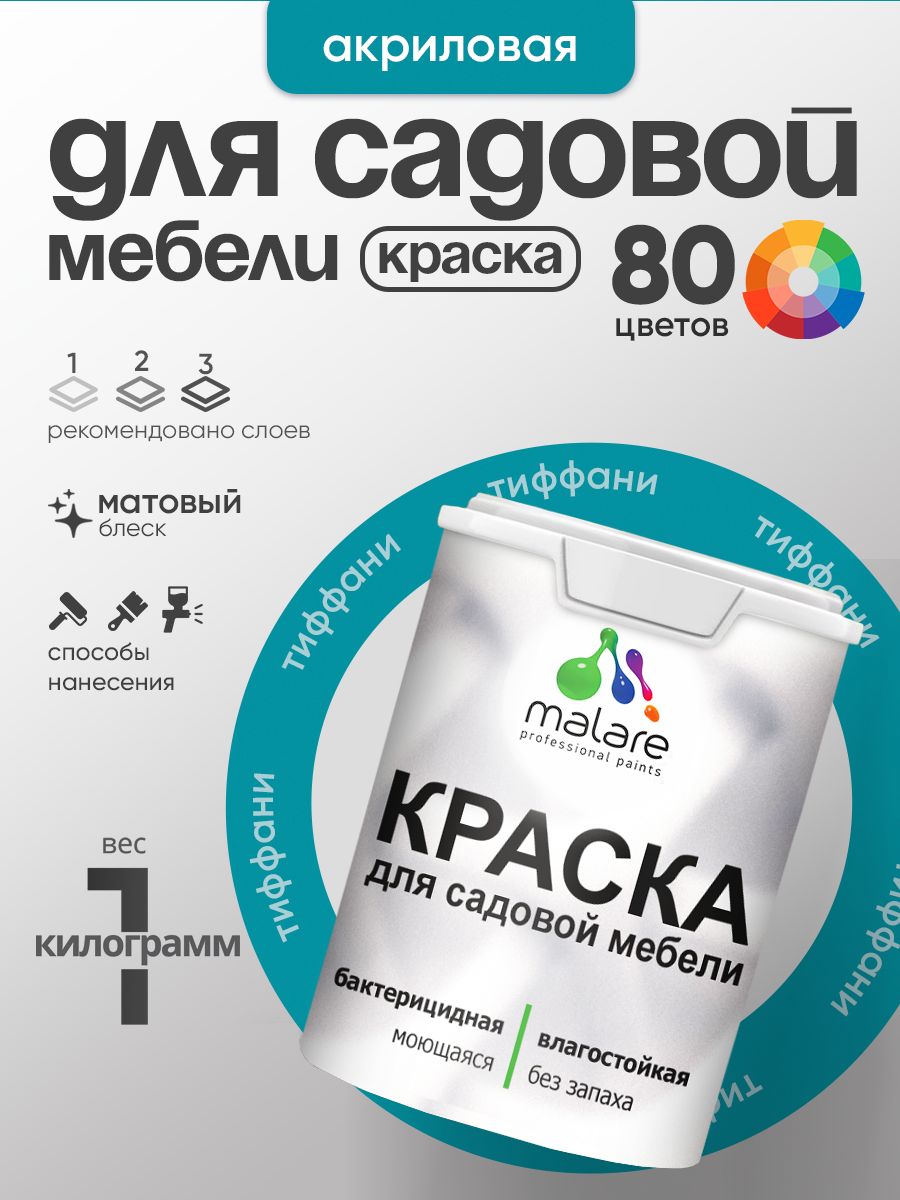 Акриловая краска Malare для садовой мебели/ по дереву, для наружных и внутренних работ/ быстросохнущая моющаяся без запаха матовая, тиффани, 1 кг