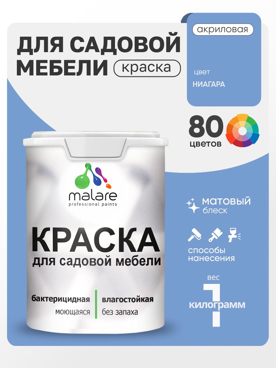Акриловая краска Malare для садовой мебели/ по дереву, для наружных и внутренних работ/ быстросохнущая моющаяся без запаха матовая, ниагара, 1 кг