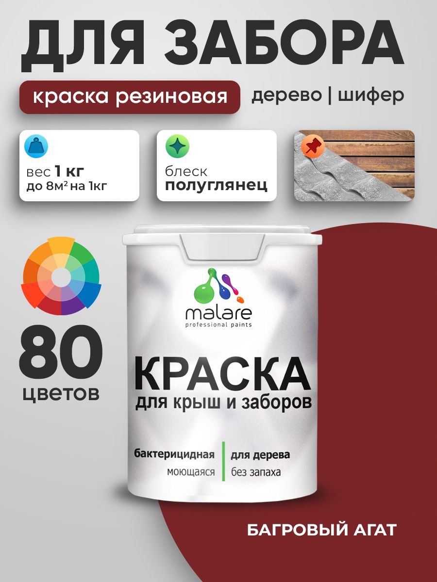 Резиновая краска Malare для деревянного забора/ по дереву для наружных и внутренних работ/ быстросохнущая моющаяся без запаха полуглянцевая, багровый агат, 1 кг.