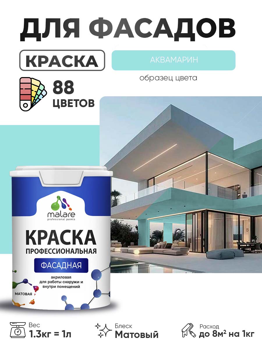 Краска фасадная для наружных работ Malare Professional для дерева по бетону, для минеральных поверхностей, акриловая быстросохнущая без запаха, матовая, аквамарин, (1л — 1.3кг)