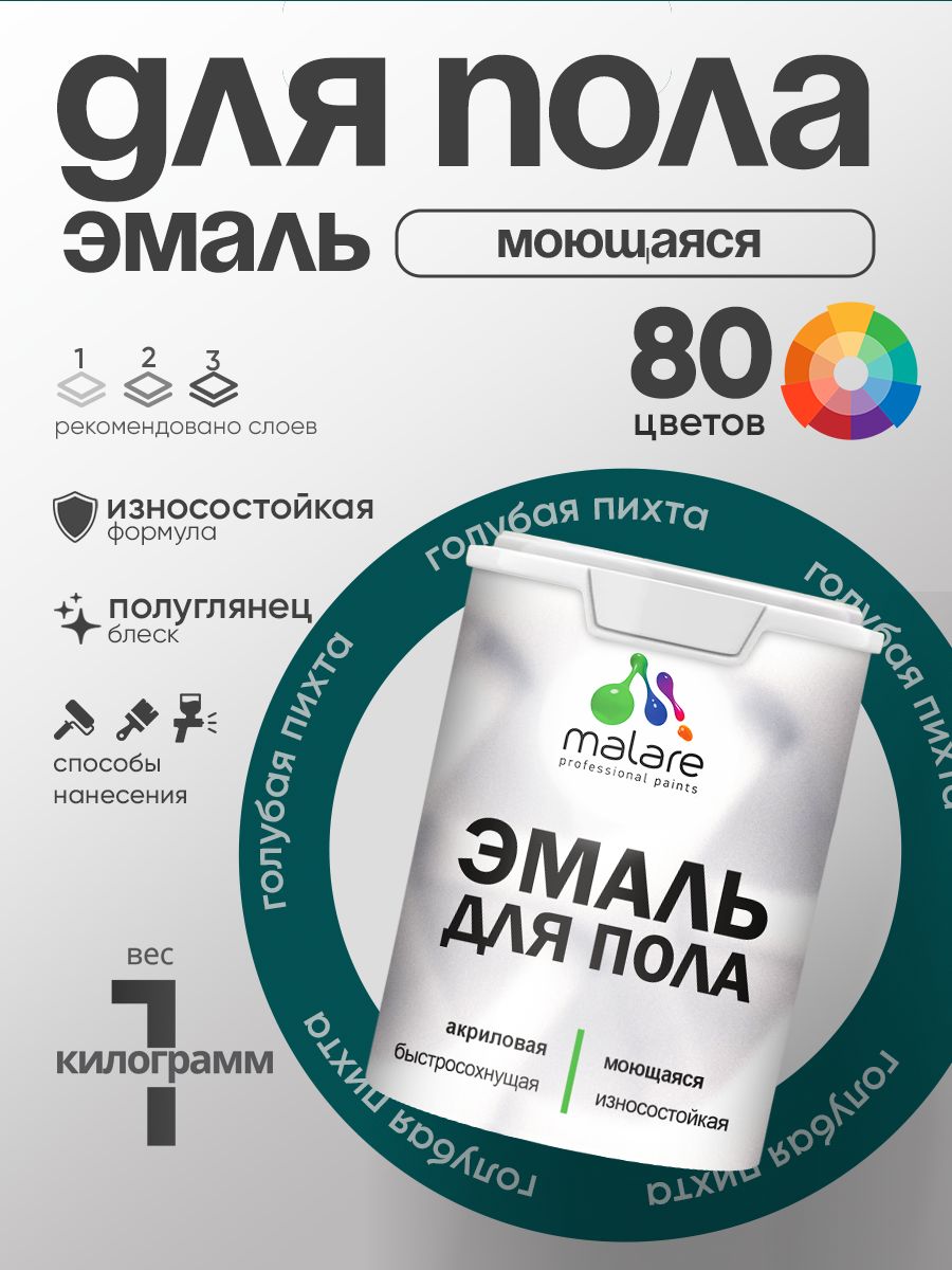 Эмаль для пола акриловая Malare краска для бетонных полов по дереву/ износостойкая без запаха, быстросохнущая моющаяся полуглянцевая, голубая пихта, 1 кг