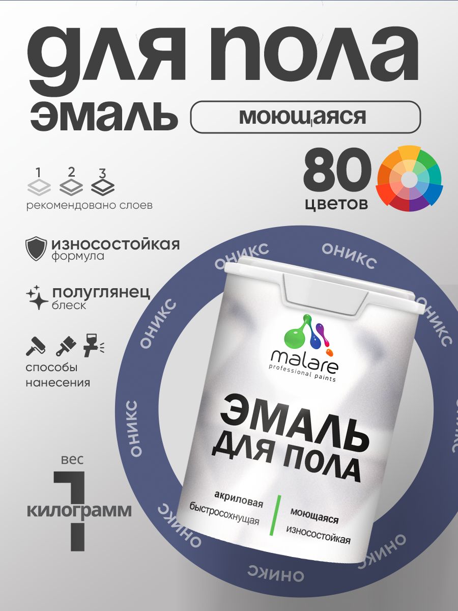 Эмаль для пола акриловая Malare краска для бетонных полов по дереву/ износостойкая без запаха, быстросохнущая моющаяся полуглянцевая, оникс, 1 кг