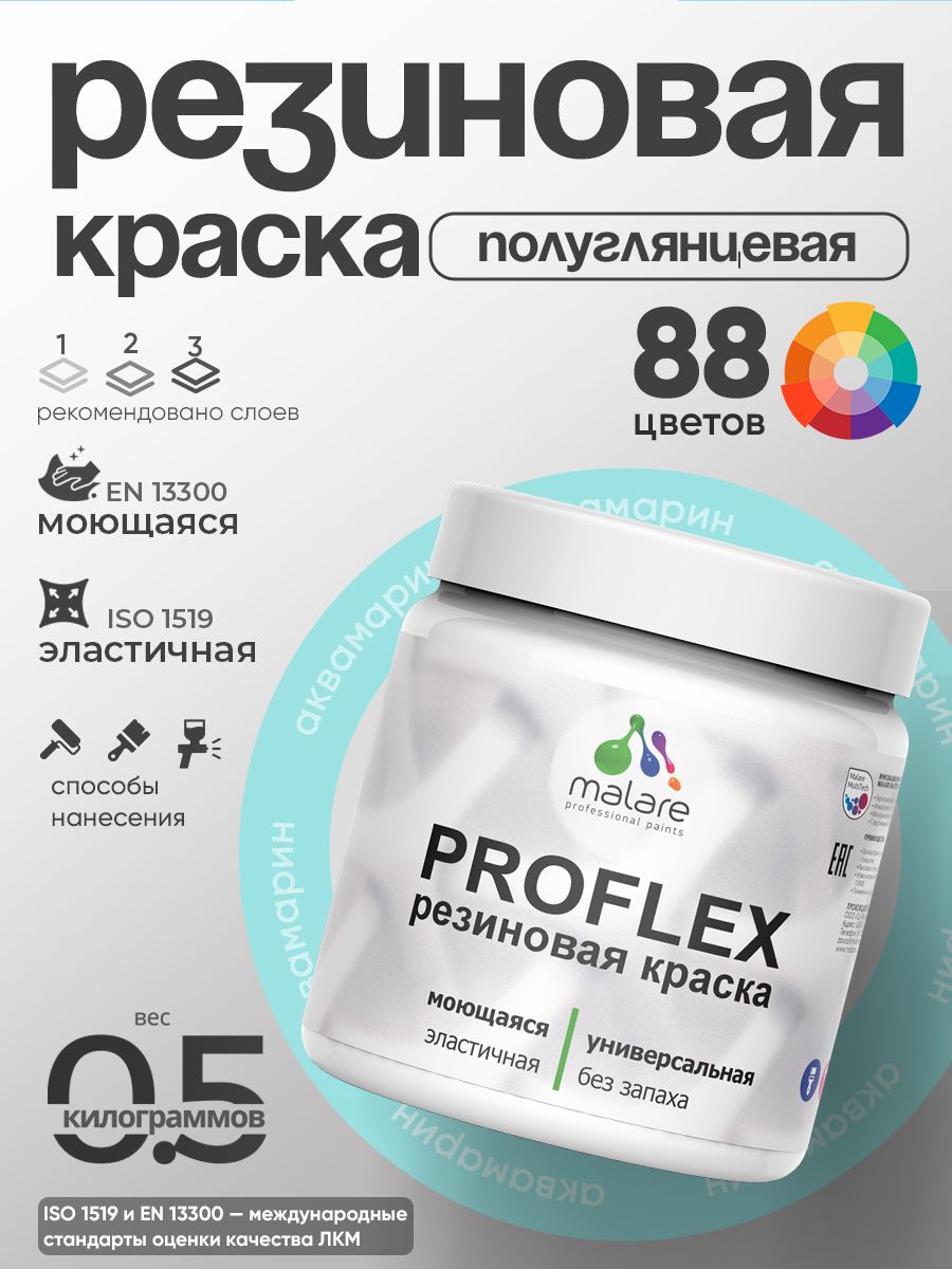 Краска резиновая Malare ProfleX (серия "Пастельные тона") жидкая резина для наружных и внутренних работ, быстросохнущая моющаяся, полуглянцевая, аквамарин, 0.5 кг