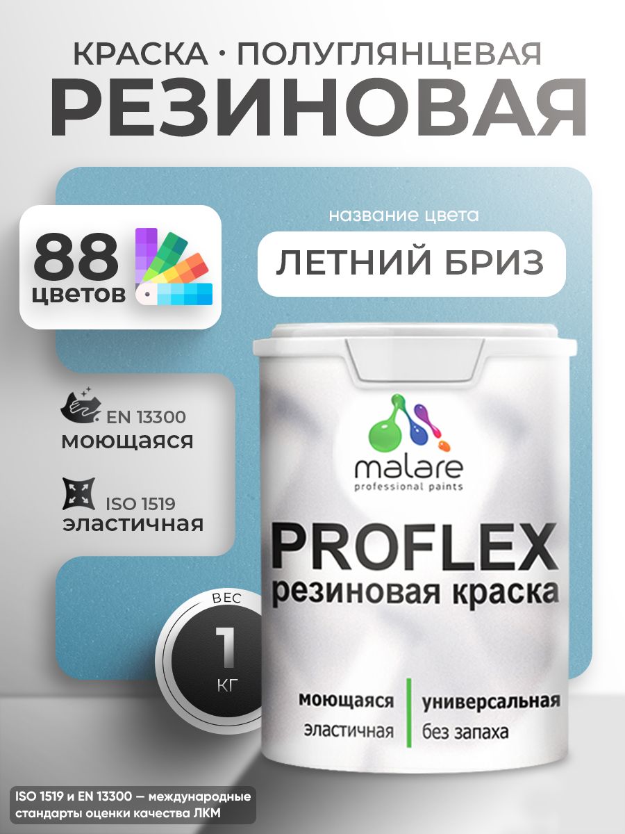 Краска резиновая Malare ProfleX (серия "Пастельные тона") жидкая резина для наружных и внутренних работ, быстросохнущая моющаяся, полуглянцевая, морская волна, 1 кг