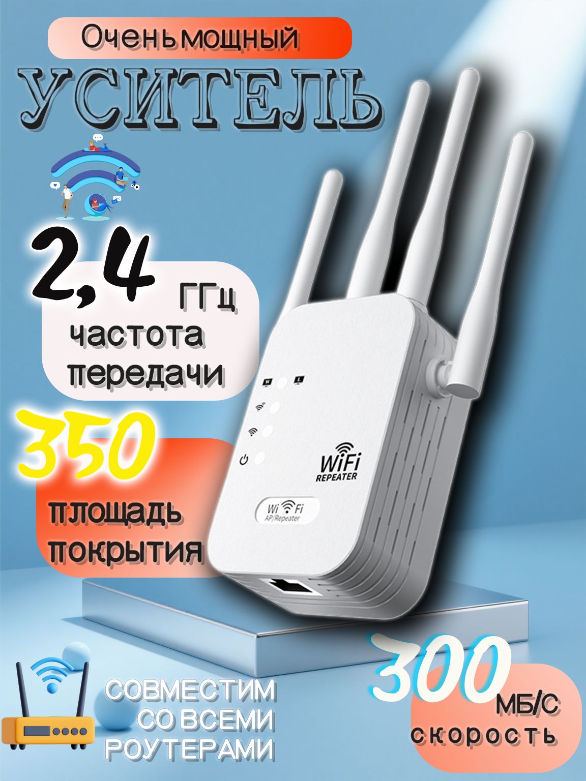 УсилительWiFiсигнала2,4ГГц/РепитерWi-Fiдо300Мбит/с,ретрансляторwifiточкадоступа,6антенны,ретранслятордляувеличениязоныпокрытиявайфайдлядомаидачи