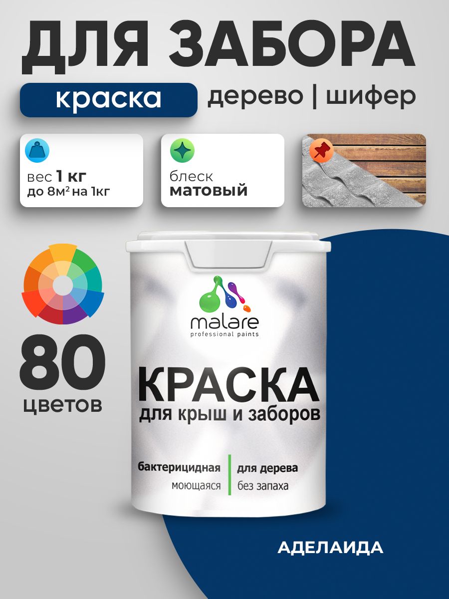 Акриловая краска Malare для деревянного забора/ по дереву для наружных и внутренних работ/ быстросохнущая моющаяся без запаха, матовая, аделаида, 1 кг.