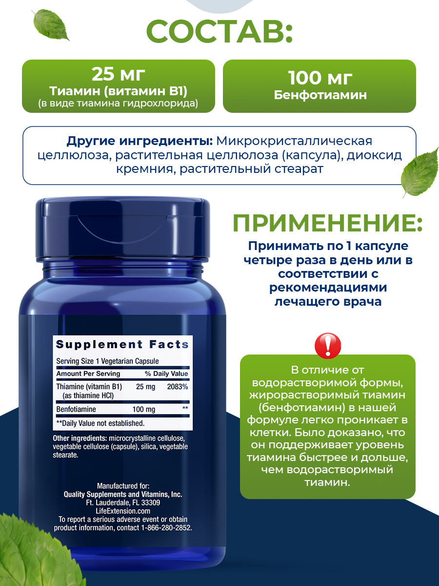 Life Extension, Benfotiamine with Thiamine, 100 mg, 120 vegetarian capsules